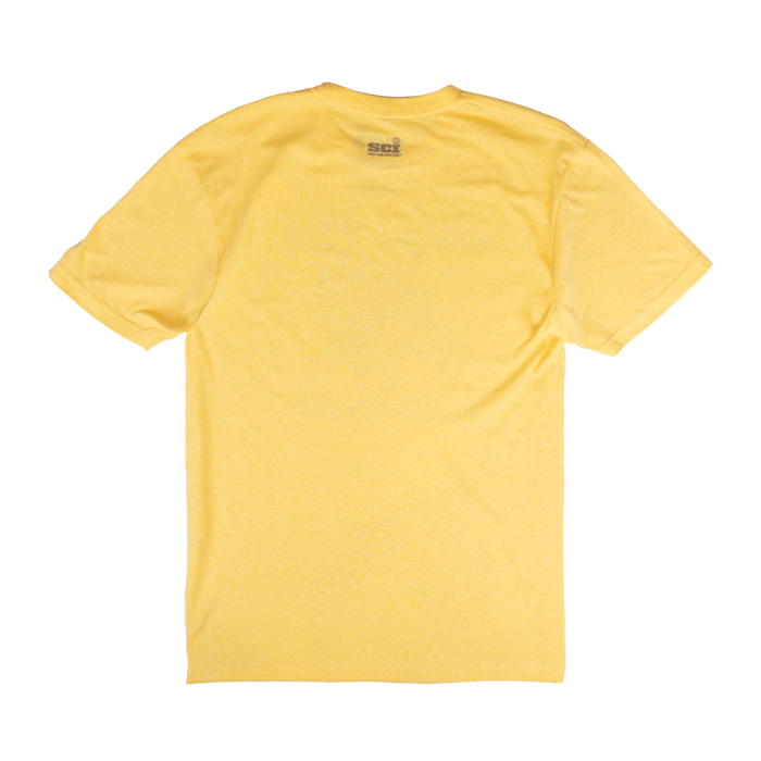 Rear view of yellow tee with SCI logo on upper back