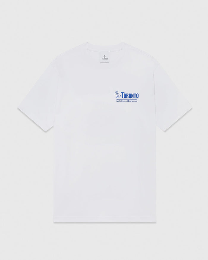 White t-shirt with blue Toronto logo and text on chest.
