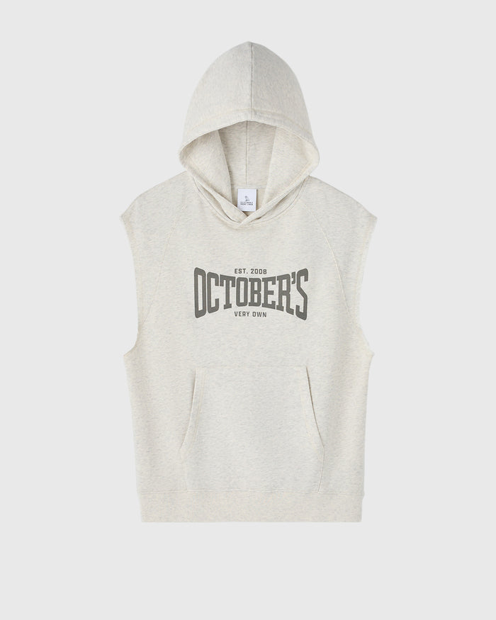 Heather grey sleeveless hoodie with "October's Very Own" text and front kangaroo pocket.