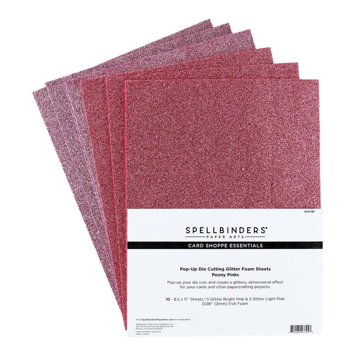 Spellbinders - Glitter Foam Sheets 8.5"X11" - 10/Pkg - Peony Pinks - Bright Pink & Light Pink. Pop-Up Die Cutting Glitter Foam Sheets; includes five sheets each of Glitter Bright Pink and Glitter Light Pink. Available at Embellish Away located in Bowmanville Ontario Canada.