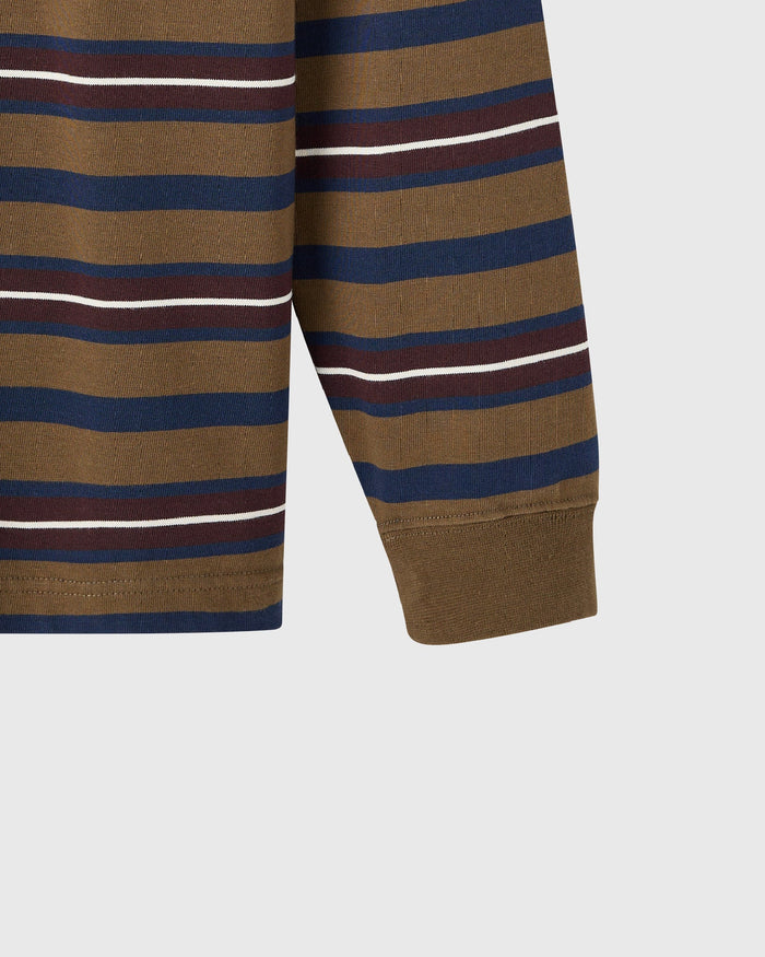 Long-sleeve tee with horizontal stripes in moss, navy, burgundy, and white with ribbed cuffs.