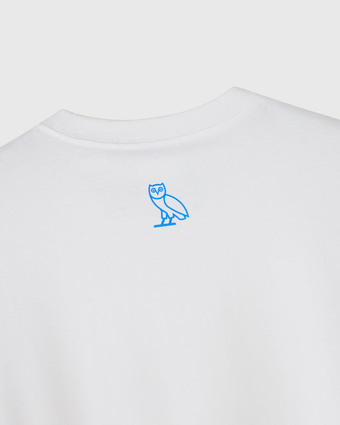 White t-shirt with blue owl graphic printed on chest.