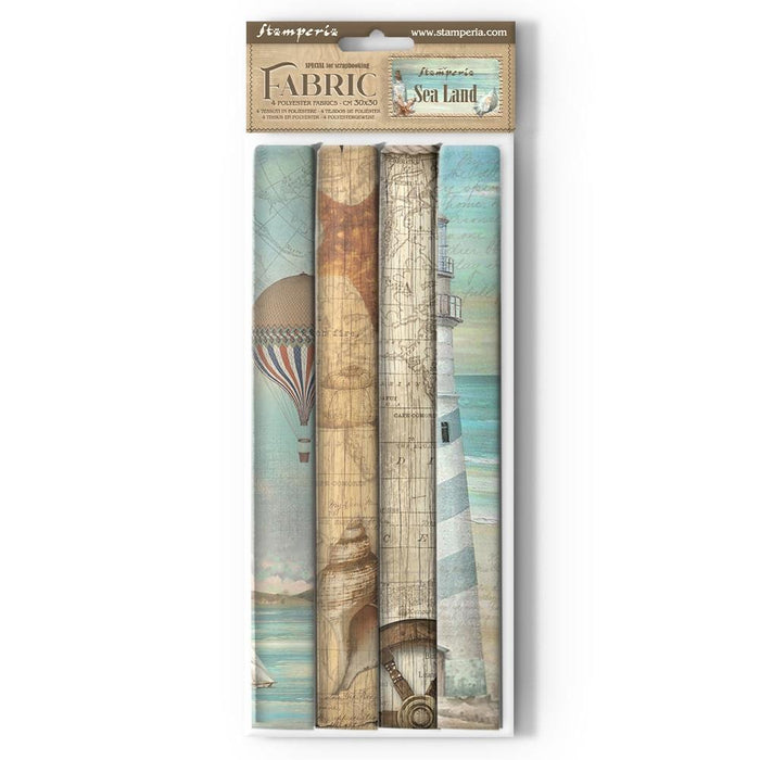 Stamperia - Polyester Fabric 12"X12" - 4/Pkg - Sea Land. This fabric can be sewn by hand or machine, or used with craft glue. It can be washed by hand in cold water. Ready to use on greeting cards, mixed media, altered art and more. Available at Embellish Away located in Bowmanville Ontario Canada.