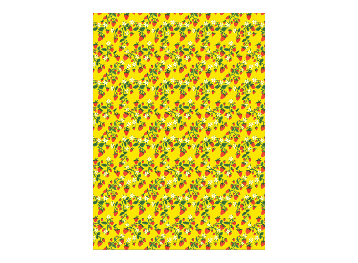 Strawberry-pattern gift wrap sheet, yellow with red and green accents