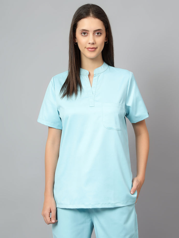 Stretchable (2Way) Women Aqua Blue Mandarin Neck With Jogger Scrub Set