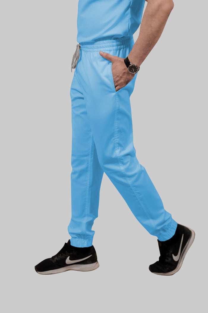 Stretchable (2Way) Women Light Blue Mandarin Neck With Jogger Scrub Scrub Set
