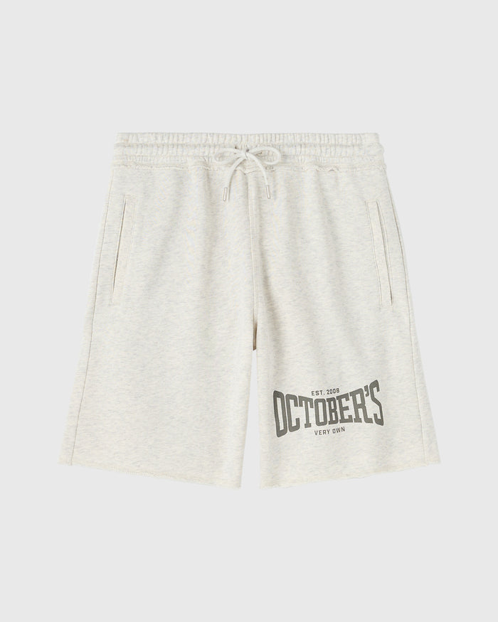 Heather grey sweatshort with drawstring waist, side zip pockets, and "Octobers Very Own" graphic print.