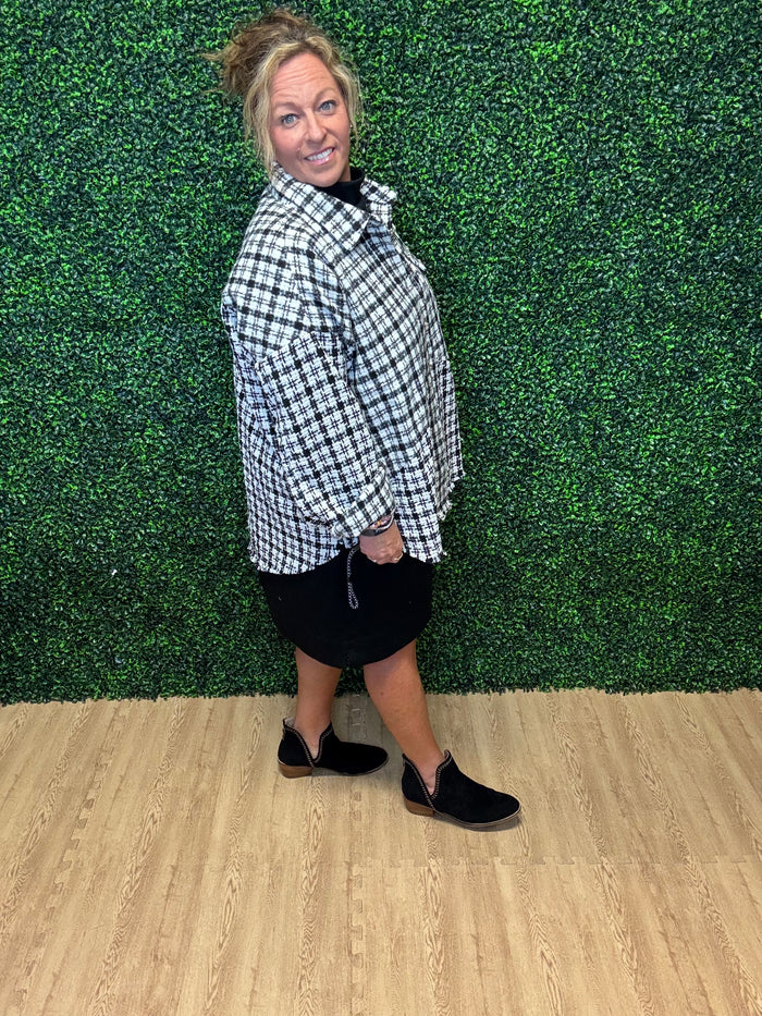 Tweed Plaid Pearl Button Shacket by Umgee