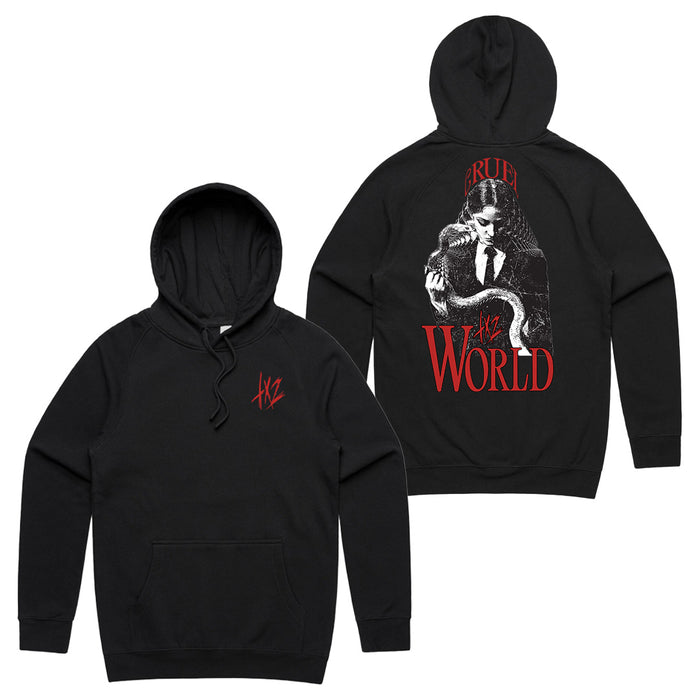 Black midweight hoodie by TX2 with a small red HZ logo on the front left chest. The back features a large graphic of a person holding a snake and bold red CRUEL WORLD text. Made by Independent Trading Co.