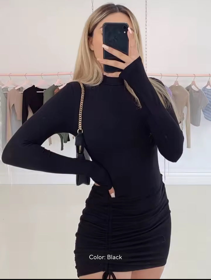Women's Turtleneck Ruched Drawstring Mini Dress