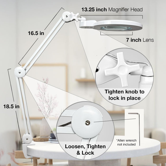 3 Diopter (1.75X) LED Magnifying Lamp with Clamp - 7-inch Glass Lens (Removable)