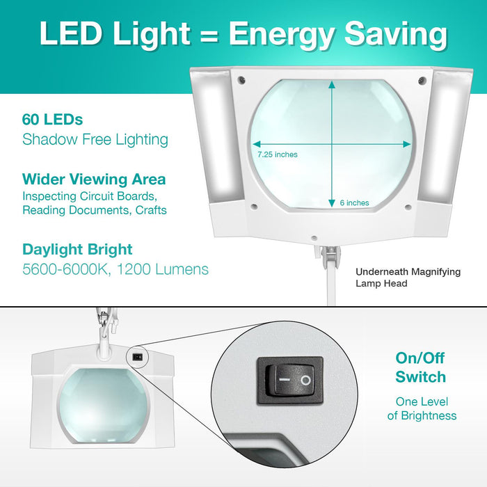 3 Diopter (1.75X) LED Magnifying Lamp with Clamp - Rectangle Head
