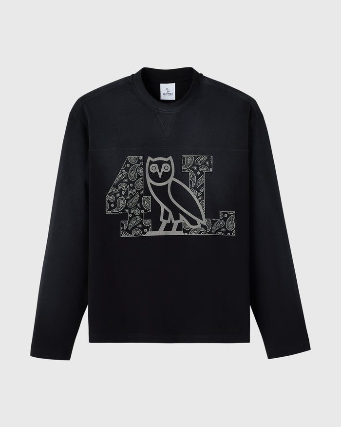 Black long-sleeve crewneck with gray owl and patterned graphic design on chest.