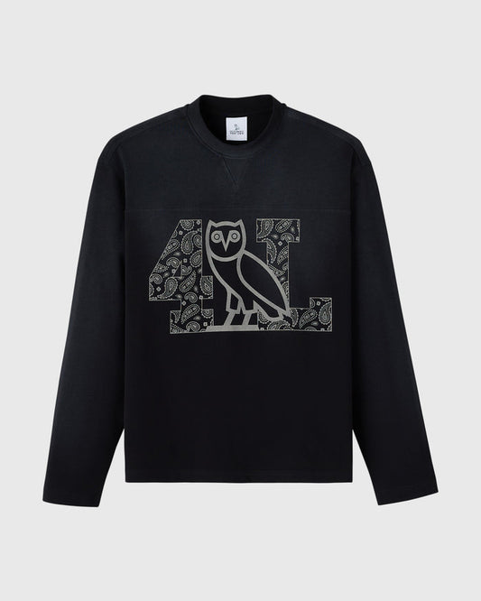 Black long-sleeve crewneck with gray owl and patterned graphic design on chest.