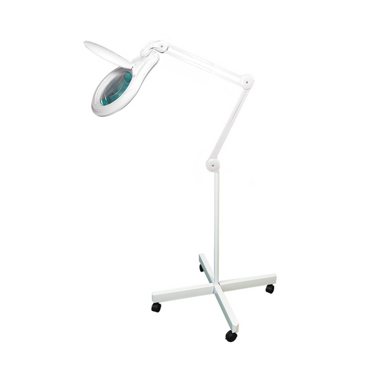 5 Diopter (2.25X) LED Magnifying Lamp with Rolling Floor Stand - 5-inch Glass Lens and Flip Cover, SKU MG16323221, three quarter front view