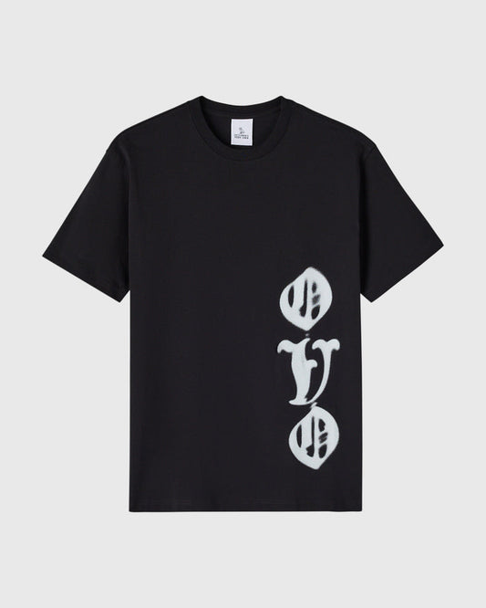 Black t-shirt with white airbrushed graphic design on the right side featuring stylized lettering.