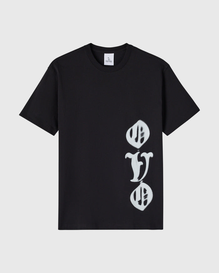 Black t-shirt with white airbrushed graphic design on the right side featuring stylized lettering.