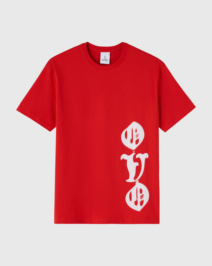 Red t-shirt with white airbrush graphic design on front chest and torso area.
