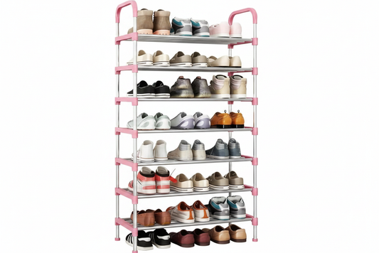 8-Layer Pink Shoe Rack - white background