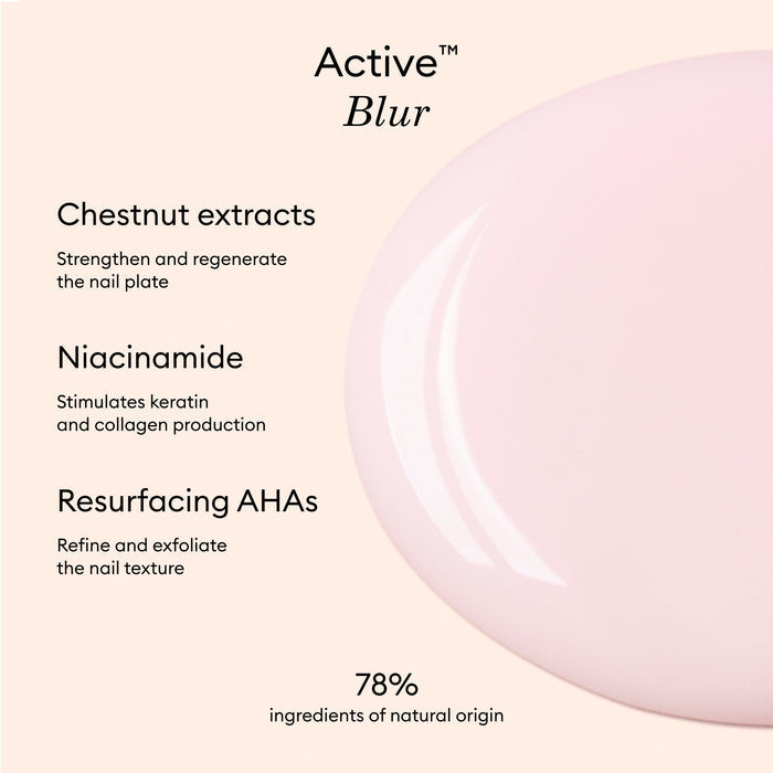 A pink background features the product name, Active™ Blur by Manucurist, along with text listing its key ingredients—Chestnut Extracts, Niacinamide, and Resurfacing AHAs—and their nail benefits. The packaging highlights that 78% of the ingredients are of natural origin. This blurring care polish doubles as a nail strengthener and delivers a flawless matte finish for healthy-looking nails.
