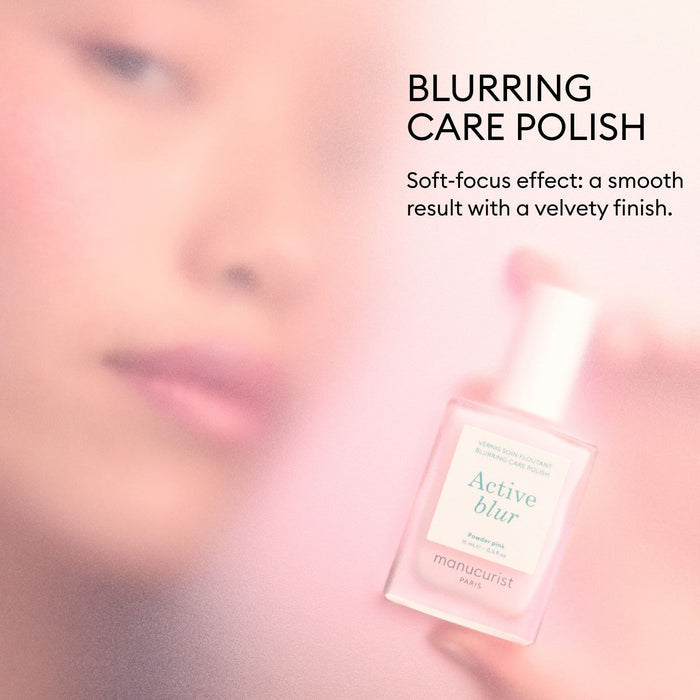 A blurred image of a person holding a bottle of Active™ Blur by Manucurist, with text highlighting its formula that delivers a soft-focus effect, flawless matte finish, and velvety feel.