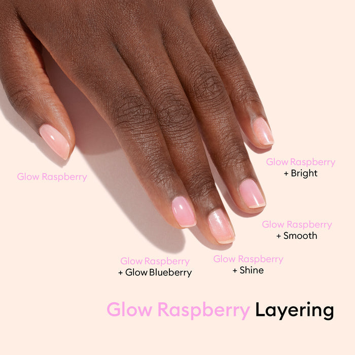 A hand with short, natural nails painted in glossy pink using the Manucurist US Active Discovery Kit, featuring a flawless manicure with Bright, Smooth, and Shine effects. Includes Glow Raspberry layering tips and nail care for hydration.