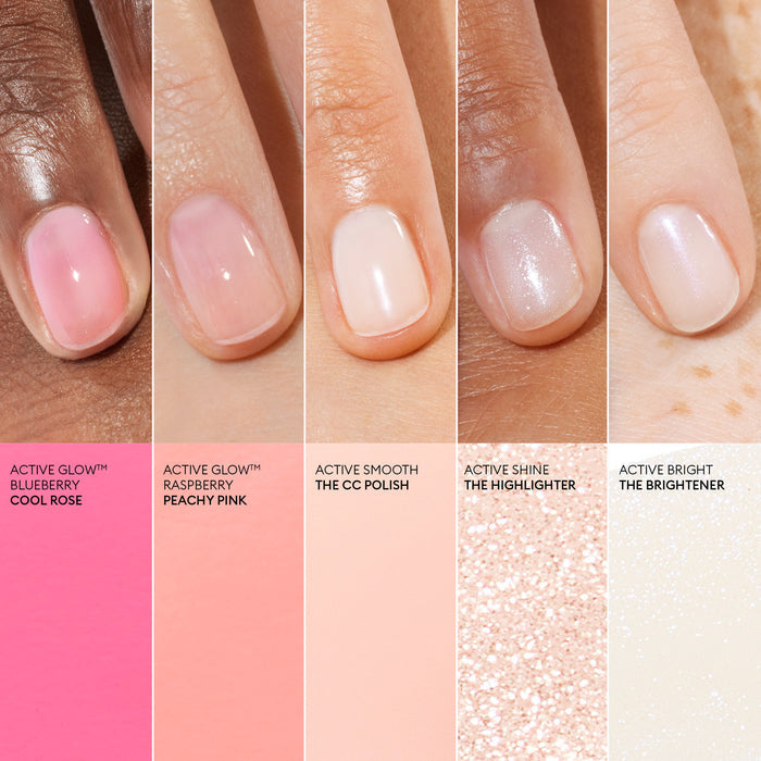 Five fingers in varying skin tones display unique sheer shades from Manucurist’s Active™ Duo, ranging from pink to clear with subtle shimmer, above matching color swatches and product names on a clean white background.