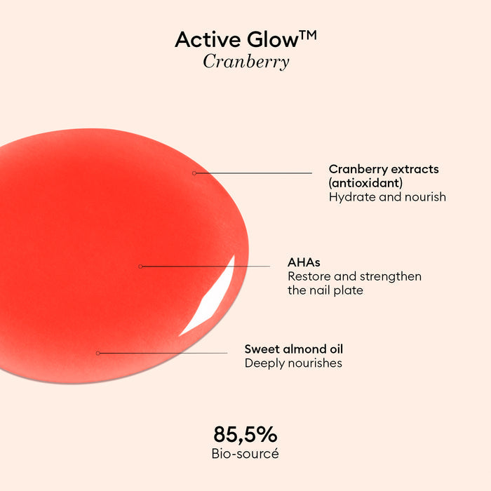 A close-up of a red liquid drop labeled with ingredients: cranberry extracts, AHAs, and sweet almond oil. The text highlights that Manucurist Active™ Glow Cranberry is made with 85.5% bio-sourced content, offering hydration, nourishment, and restorative benefits—ideal for enhancing tinted glow nails as part of your plant-based nail care routine.