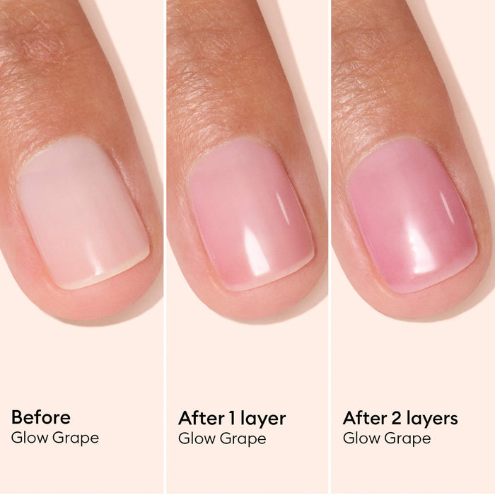 Three close-ups of a fingernail: bare, with one layer, and with two layers of light pink Manucurist Active™ Glow Grape polish—all showing deepening lilac color and natural shine. Labels highlight each stage for easy nail care inspiration.