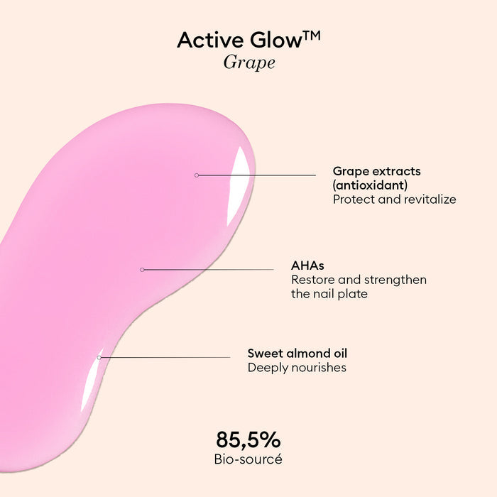A pink gel smear is showcased, with callouts highlighting its key benefits: grape extracts for antioxidant protection, AHAs to strengthen the nail plate, and sweet almond oil to nourish. The text notes that Manucurist’s Active™ Glow Grape is 85.5% bio-sourced. Ideal for fans of lilac nail polish looking to boost their nail care routine and achieve a naturally radiant shine.