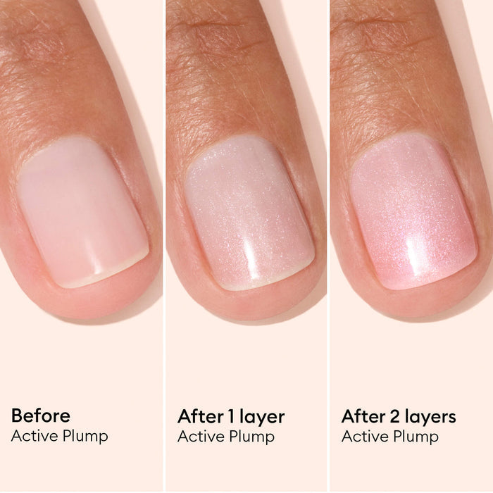 Three close-up images of a fingernail: bare (before), with one layer of Manucurist Active™ Plump Pink Glazed—a shimmery pale polish—and with two layers for a more opaque, glossy finish. Each stage is labeled to showcase the benefits of plant-based nail care, leaving nails visibly healthier and hydrated.