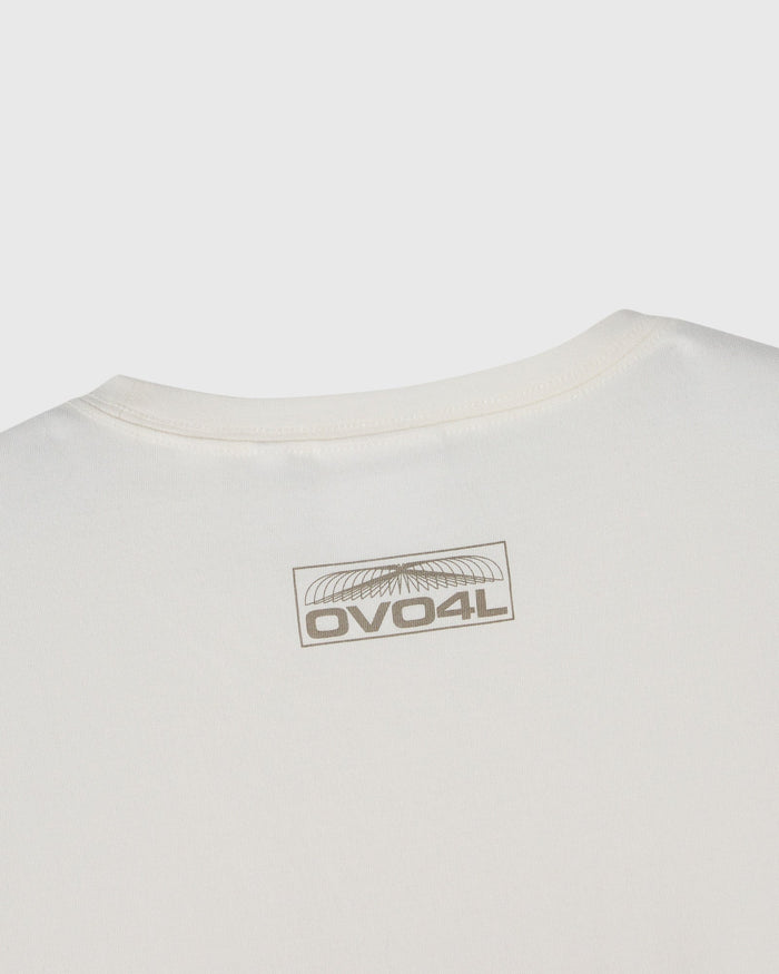 Cream-colored t-shirt with crew neckline and OVO4L graphic print on chest.