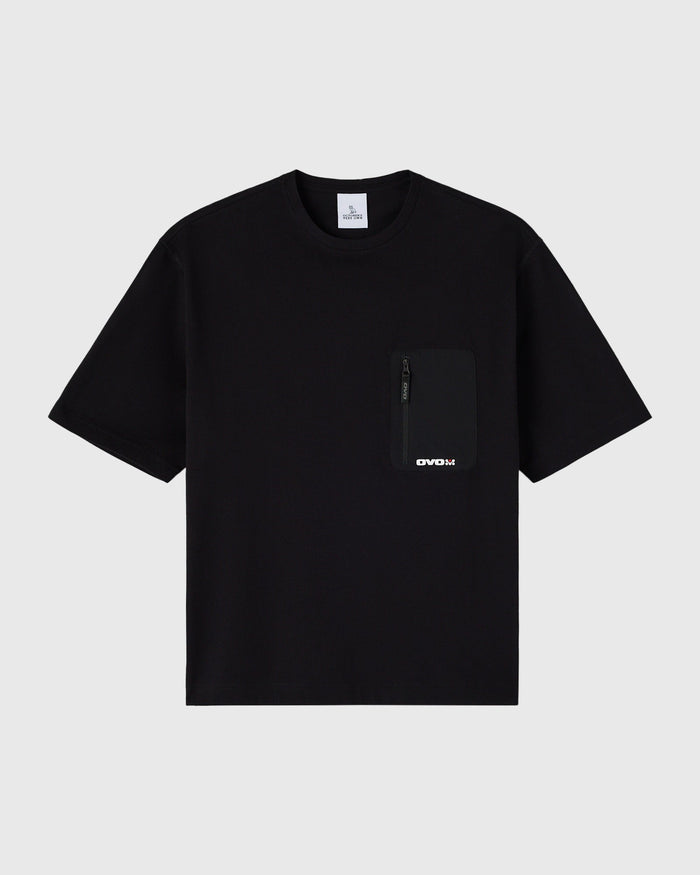 Black short-sleeve t-shirt with chest pocket and zippered accent detail.