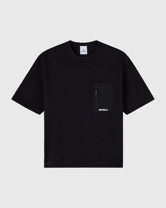 Black short-sleeve t-shirt with chest pocket and zippered accent detail.