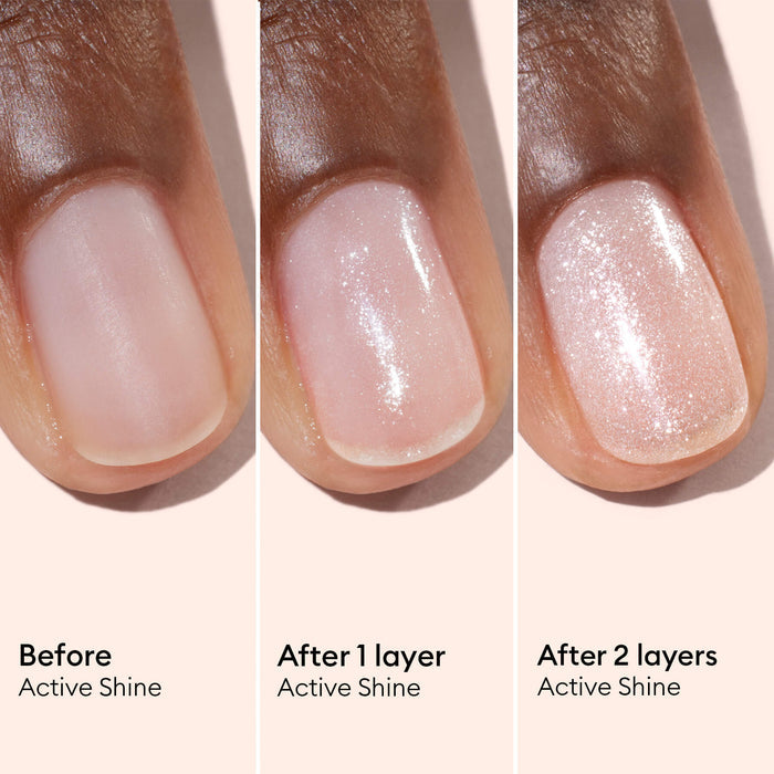 Three close-up images of a fingernail demonstrate the step-by-step application of Manucurist Active™ Shine, a plant-based nail polish: starting with a bare nail, followed by one shimmery layer, and finishing with two shimmery layers. Text labels mark each stage and highlight gentle nail care throughout the process.