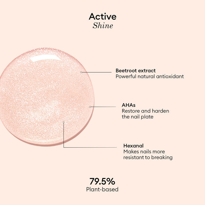 A shimmery pink swatch of Manucurist Active™ Shine nail polish, labeled with beetroot extract, AHAs, and hexanal, highlights that it is 79.5% plant-based. The text describes how these ingredients support nail strength and care, making Active™ Shine a perfect plant-based choice for anyone seeking a naturally strengthening nail polish.