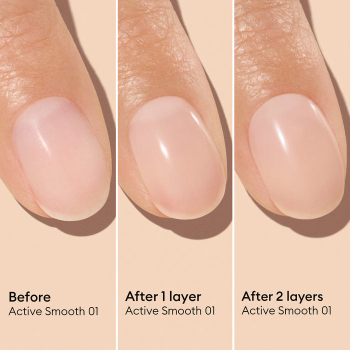 Three close-up images of a fingernail: bare nail (before), after one layer of polish, and after two layers—showing how Manucurist Active™ Smooth 01 enhances opacity and smoothness with each step. Each stage is labeled: before, after 1 layer, and after 2 layers, emphasizing the benefits of mindful nail care.
