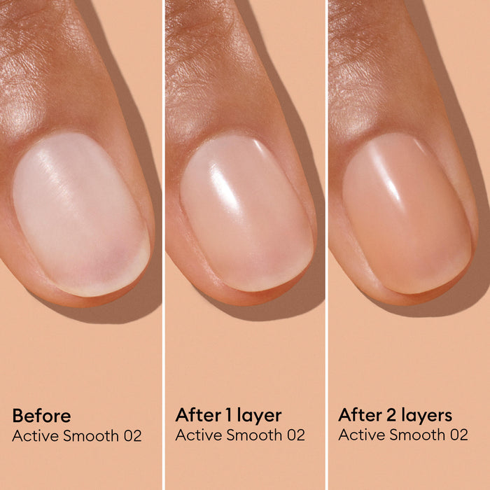 Three side-by-side images of a fingernail show: the bare nail (before), the nail after one layer of Manucurist Active™ Smooth 02, and the nail with two layers applied. Each stage is labeled Active™ Smooth 02 to highlight the transformation and benefits of this advanced Manucurist nail care treatment.