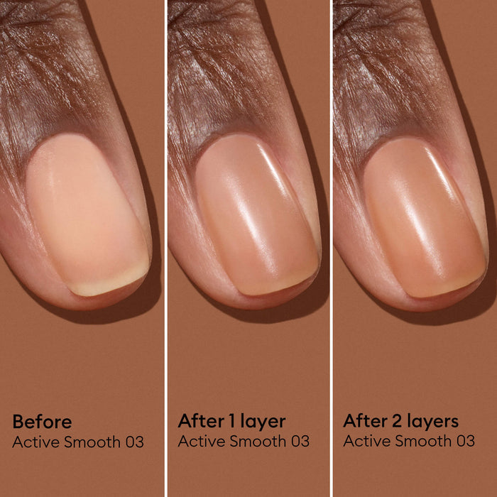 A close-up shows a fingernail before, after one layer, and after two layers of Manucurist's Active Smooth 03, a sheer nude polish that enhances gloss and color depth with each application.