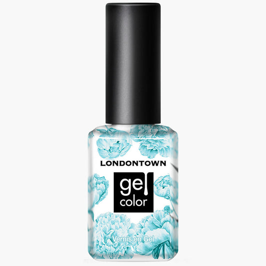 A bottle of LONDONTOWN Aegean Aqua gel color nail polish features a black cap and a label with shimmering blue floral design, evoking aquamarine tones.