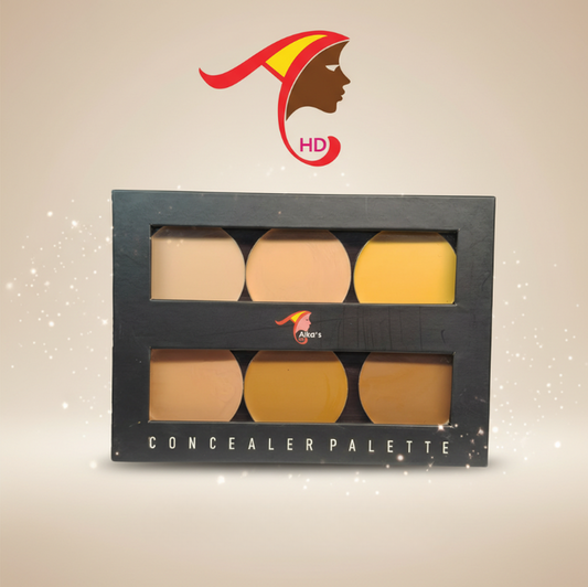 Concealer palette with six shades in a black box on a beige background