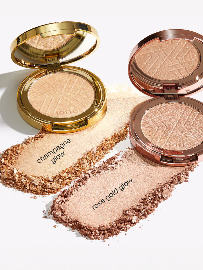 Two open compacts of bronzer with 'champagne glow' and 'rose gold glow' text on a white background.