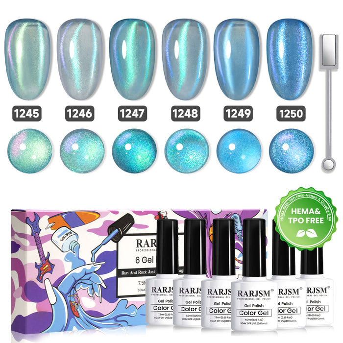 Arctic aurora magnetic cat eye gel polish set 6 blue green glitter colors 1245-1250 with magnetic wand RARJSM HEMA TPO free