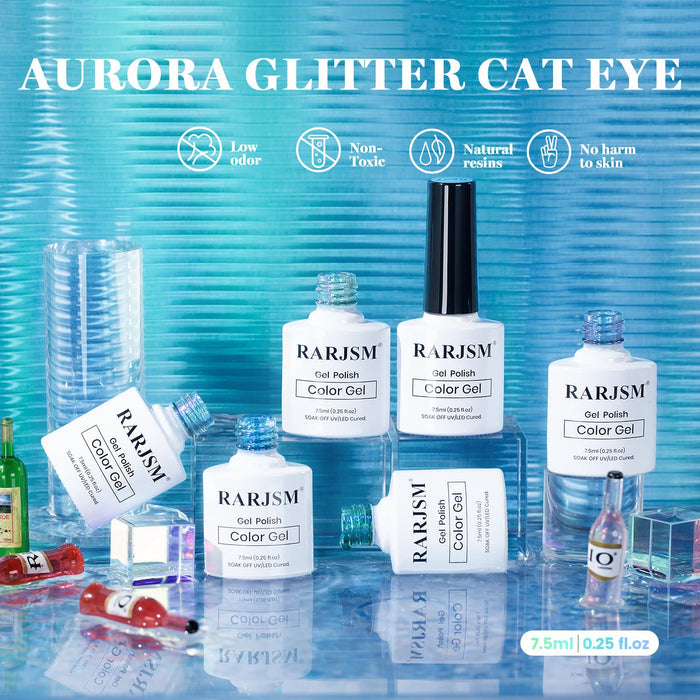 RARJSM arctic aurora glitter cat eye gel polish 6 bottles 7.5ml HEMA TPO free low odor non-toxic
