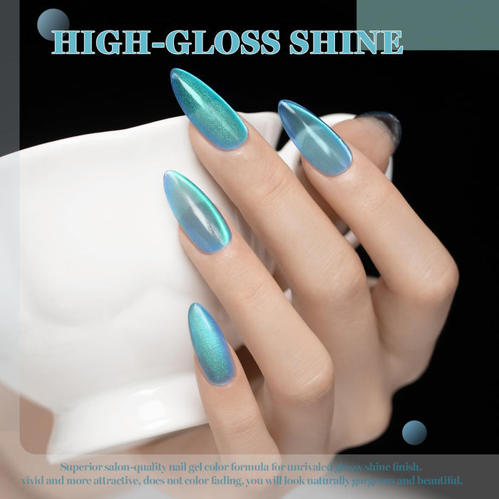 Blue green holographic cat eye gel polish on almond nails 3D magnetic effect mirror shine