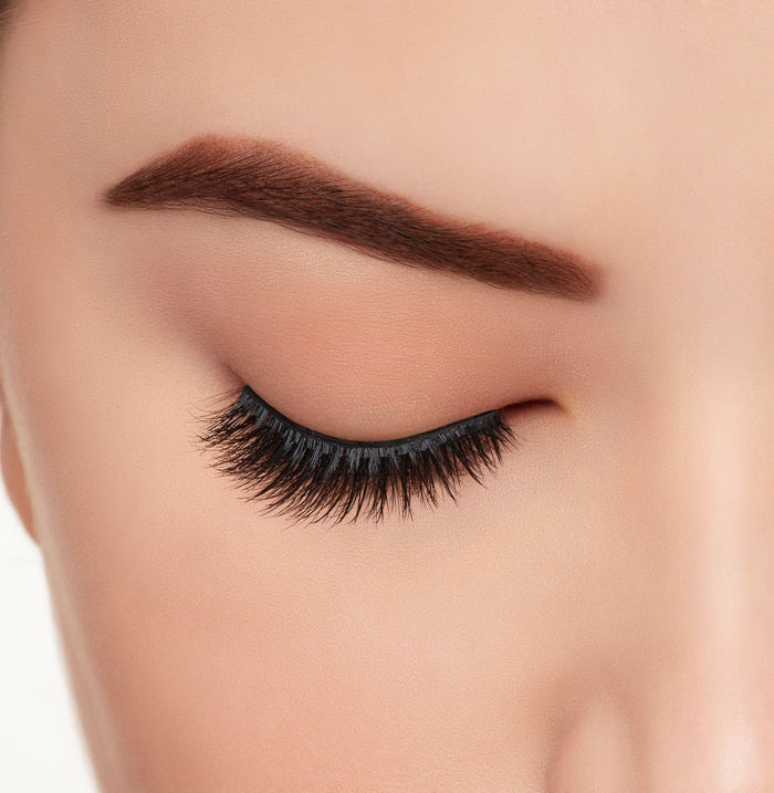 : A model with one eye open wearing Ardell Aqua Lashes 340 upper false lashes to show how they look on the eye