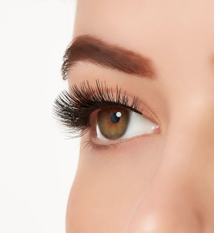 : A model with one eye open wearing Ardell Aqua Lashes 340 upper false lashes to show how they look on the eye
