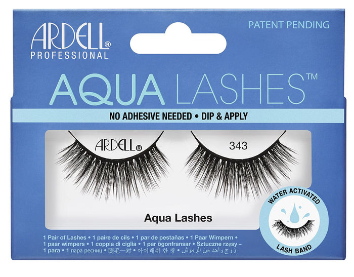 Front view of an Ardell Aqua Lash 343 false lashes set in complete retail wall hook packaging