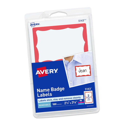 Avery name badge labels packaging on a white background.