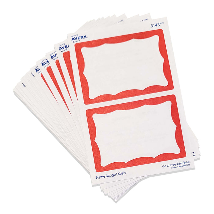Stack of Avery name badge labels with red borders on a white background.